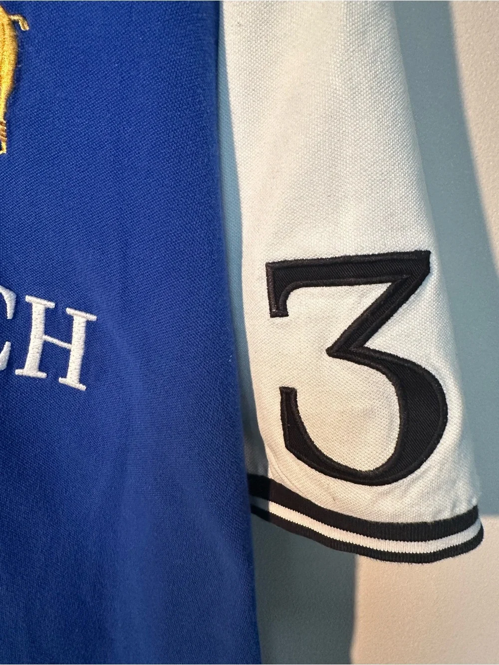 Ralph Lauren Blue Polo with White Sleeves and Yellow Embroidery